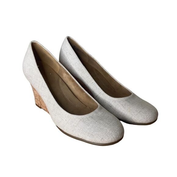 AEROSOLES Wedge Heels Size 9 Pumps Plum Tree Fabric Canvas Cork Heelrest Cream - Picture 8 of 10